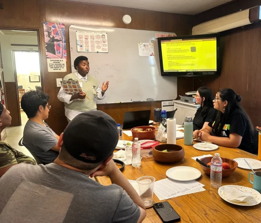 Group of members in a conference room with a screen, listening to woman presenting